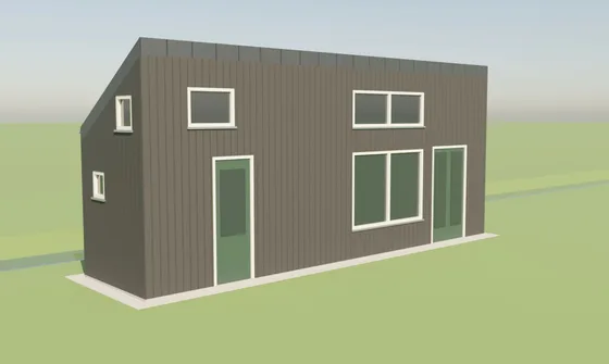 Schematisch 3D-beeld van een klein huis op een open terrein, ter illustratie
